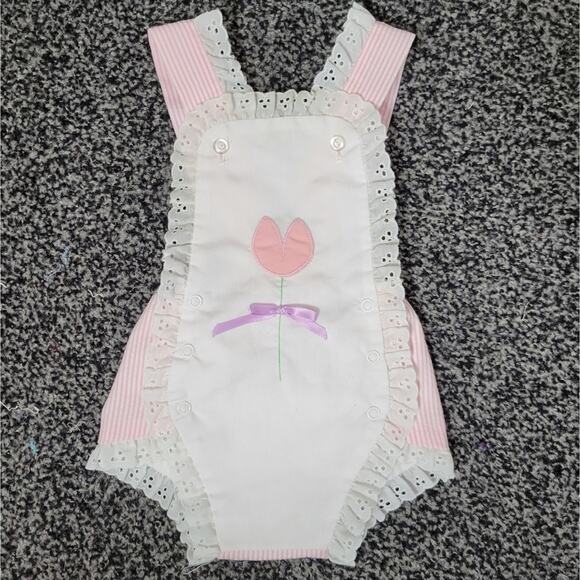 Vintage Tulip Eyelet Lace Striped Romper - Picture 1 of 5